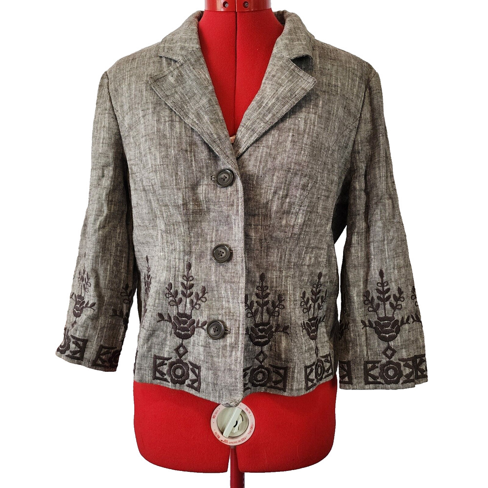 AXCESS LIZ CLAIBORNE Brown Embroidery Linen Blend Button Up Blazer Size 10